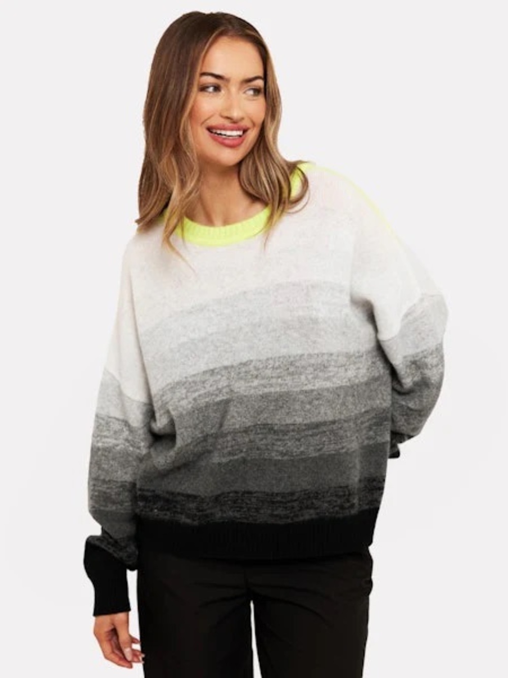 BRODIE Cashmere Modern Grey Ombre Crewneck Sweater - Neon Yellow & Gray Small